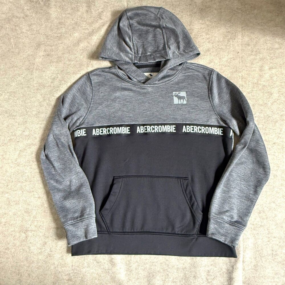 Abercrombie kids hoodie boys 13/14 gray black colorblock pullover polyester